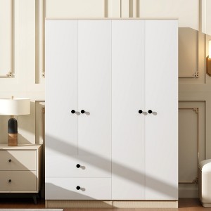 TIRAMISUBEST 3 Door Wooden Storage Wardrobe for Dedroom with Shelves and 2 Drawers - Mobile Lateral Filing Cabinet, Locking Wheels, Adjustab - 1 of 4