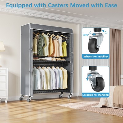 Black Heavy Duty Rolling Garment Rack with Grey Cover