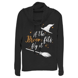 Juniors Womens Lost Gods Halloween If the Broom Fits Fly It Cowl Neck Sweatshirt - 1 of 4