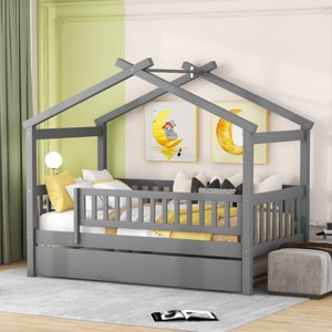 Twin Size Wooden House Bed with Twin Size Trundle, Children House Bed with Spacious Storage and Headboard, Bed with Wood Frame-Baofuwish - 1 of 4