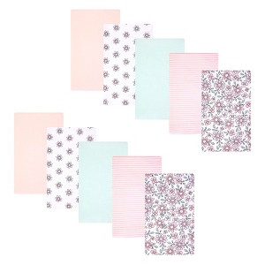 Hudson Baby Infant Girls Cotton Flannel Burp Cloths 10-Pack, Pink Mint Floral, One Size - 1 of 4