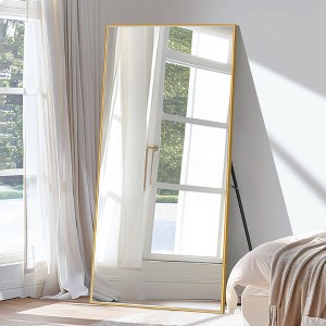 Aluminum Alloy Thin Edge Right Angle Rectangle Gold Full Length Mirror 180x100x1.5cm (With Bracket) - 1 of 3