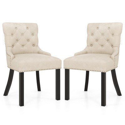 Tangkula Upholstered Dining Chairs Set of 2 w/ Rubber Wood Legs Padded Seat Nailhead Trim