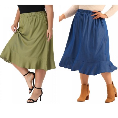 Agnes Orinda Women's Plus Size Midi Elastic Waist Tiered Pleated Ruffle Hem Chambray Skirts