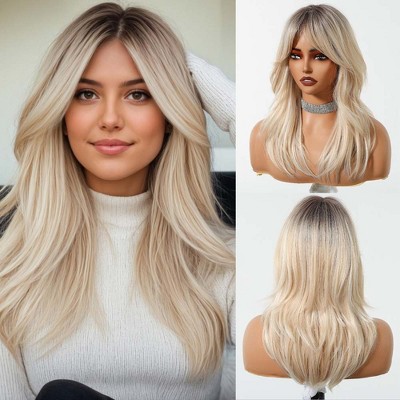 Jessie's Wig Blonde Curly Wave Wig with Dark Roots Side Bangs Heat Resistant Synthetic Hair Wigs For Women 16 Inch