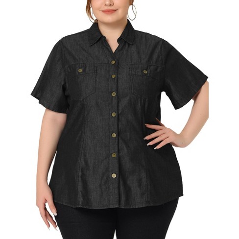 Unique Bargains Women's Plus Size Chest Pocket Long Sleeve Denim Chambray  Shirt 1X Blue