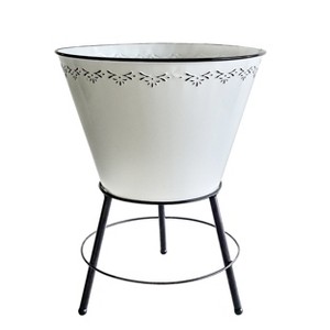 VIP Metal 16.5 in. Off-White Embossed Planter on Base with Drainage Plug - 1 of 2