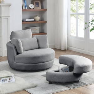 Estelle 39" Wide Oversized 360° Swivel Barrel Chair Teddy Fabric Upholstered And 4 Pillows Moon Storage Ottoman Armchair-Maison Boucle - 1 of 4