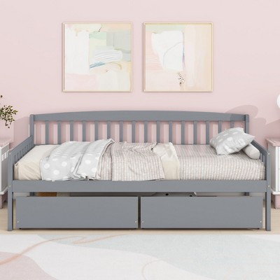 MAYEERTY Twin Pine Wood Daybed with Two Storage Drawers, 10 Support Slats, Gray