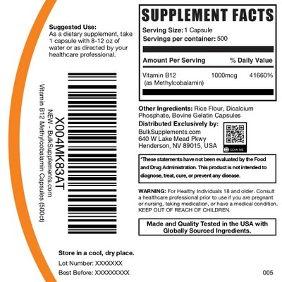 BulkSupplements Vitamin B12 (1% Methylcobalamin) Capsules