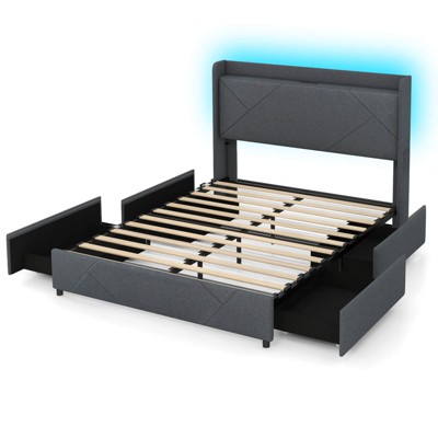 Safstar Queen Size Bed Frame w/LED Lights Charging Station 2 Storage Pockets & 4 Drawers