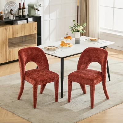 Set of 2 Dining Chairs with Hollow Backrest, Chenille Upholstered Armless Chairs with Metal Frame for Dining Room-Baofuwish