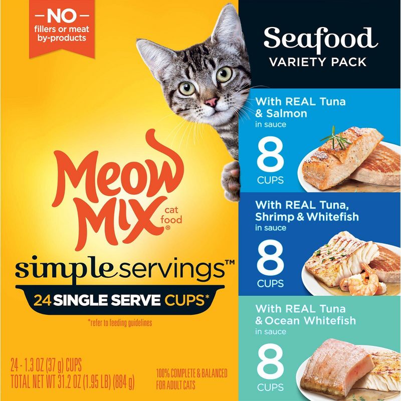 Meow Mix Simple Servings Salmon, Fish, Seafood, Tuna and Shrimp Flavor Wet Cat Food - 1.3oz/24ct Variety Pack, 4 of 10