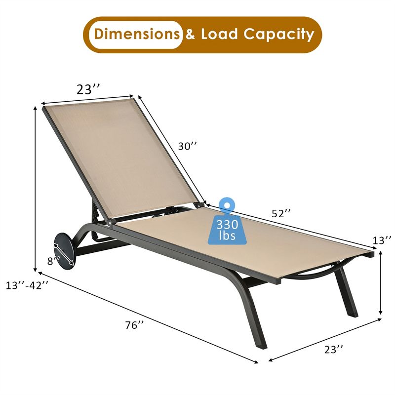 Costway Outdoor Patio Lounge Chair Chaise Reclining Aluminum Fabric Adjustable, 3 of 11