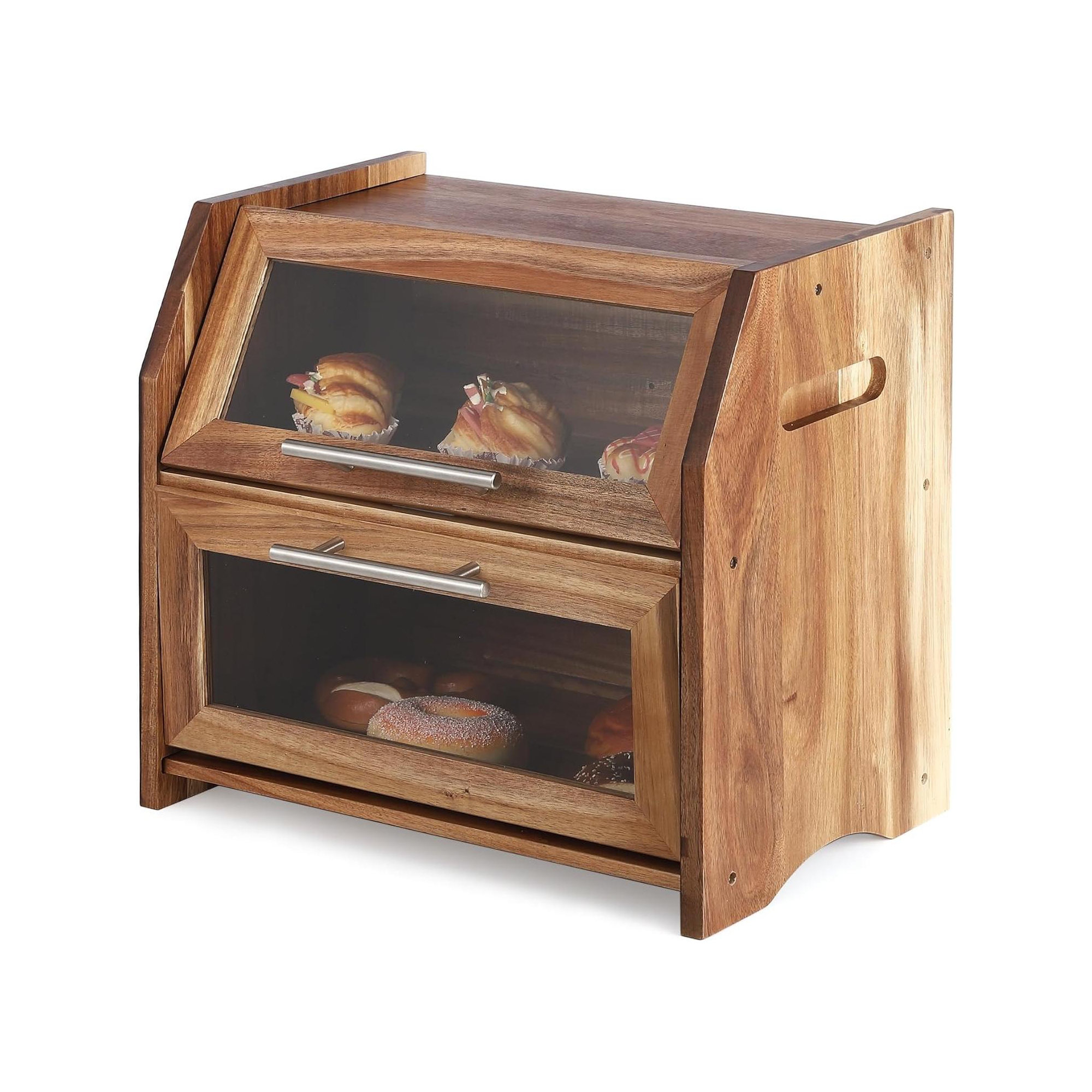 2 Layer Bread Box, Large Bread Bin with Clear Door Panels, Air Vents, Farmhouse Acacia Wood Bread Storage Container, Kitchen Countertop Bread Holder
