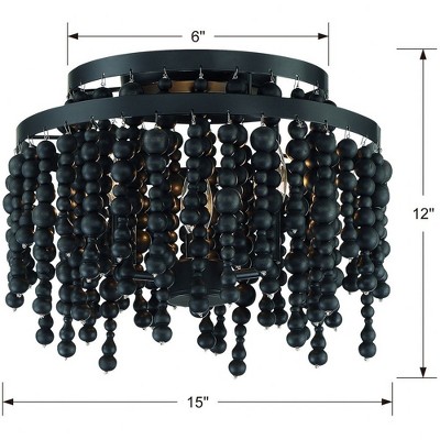 Matte Black Glass and Wood Bead 3-Light Chandelier