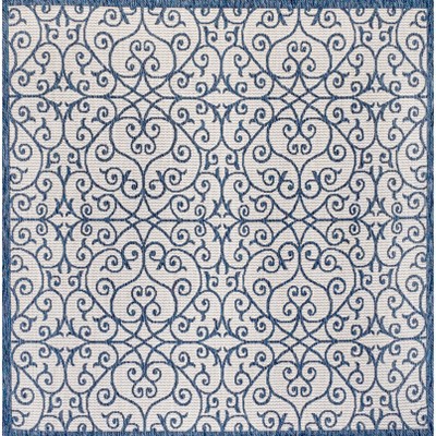 Madrid Blue and Cream Filigree Square Indoor/Outdoor Rug