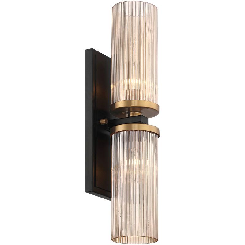 Stiffel Modern Wall Light Sconce Black Brass Hardwired 4 1/4" 2-Light Fixture Ribbed Champagne Glass Shade for Bedroom Bathroom Vanity Living Room, 5 of 10