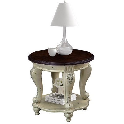 LIVAREEmlen 22'' Two Tone Round End Table, Solid Wood Sofa Side Table with Shelf, Living Room Corner Table Easy Assemble, Beige and Espresso Top