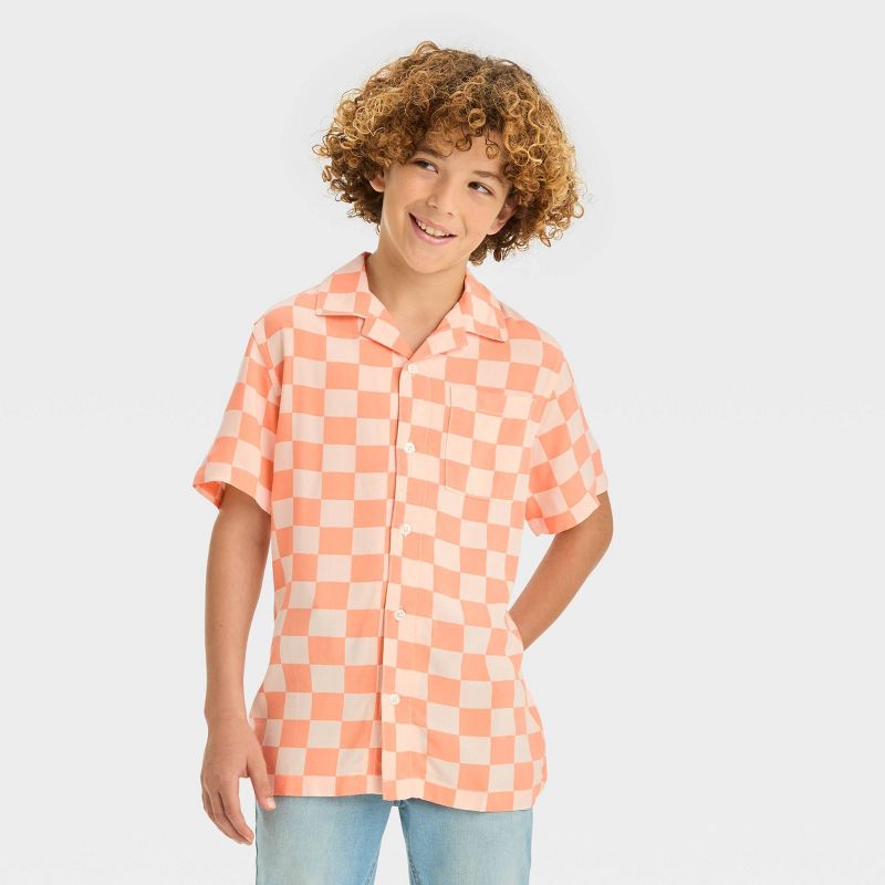 Boys' Short Sleeve Checkered Button-Down Shirt - Cat & Jack™ Peach Orange, 1 of 7