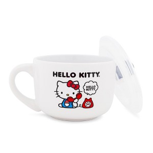 Silver Buffalo Sanrio Hello Kitty "How Are You?" Ceramic Soup Mug With Vented Lid | 24 Ounces - 1 of 4