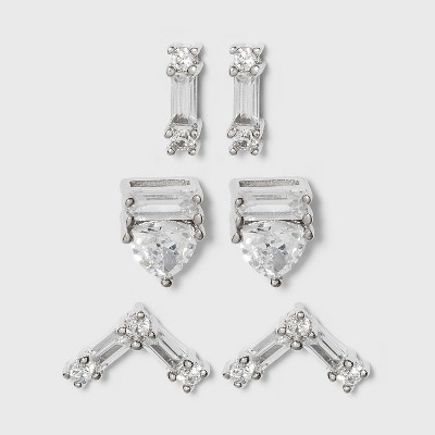 Sterling Silver Cubic Zirconia Bar and Triangle Stud Earring Set - A New Day™ Silver