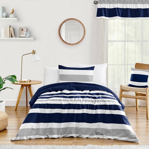 4pc Stripe Twin Kids Comforter Bedding Set Navy And Gray Sweet