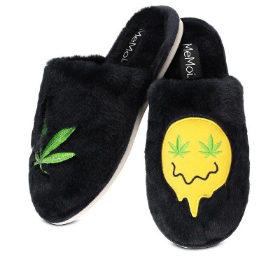 Memoi Women's Happy Weed Plush Slippers Black M