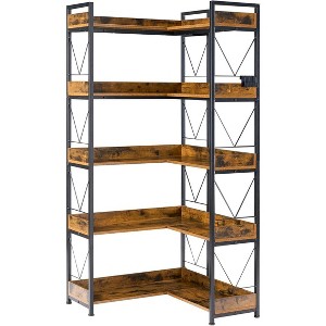 ELJGET 65-inch high L-shaped bookshelf, a 5-layer corner bookshelf with hooks and safety edges, and a metal frame cabinet - 1 of 1