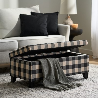 Brianna Black Checkerboard Fabric Storage Ottoman with Birch Legs