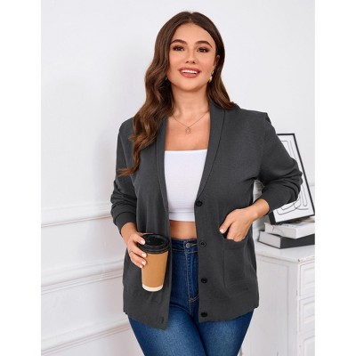 Plus Size Women's Knit Cardigan Sweater, Long Open Front Draper Pocket Shawl Collar Coat for Fall Winter