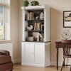 White Tall Storage Bookcase with 3-Tier Open Shelves and Double Door, Roman Column Design and 4 Adjustable Lights, White & Black Wood Grain Display S - 3 of 4