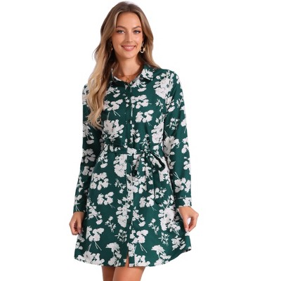 INSPIRE CHIC Women's Lapel Button Down Belted Mini Vintage Polka Dots Floral Shirt Dress