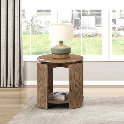 Vynxaria Modern Round End Table, Open Shelf, Brown Finish, 24" Dia x 24.5" H
