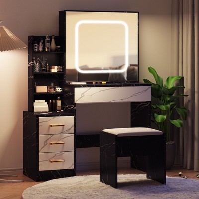Vanity Desk With Mirror and LED Lights, Makeup Vanity Desk With Sliding Mirror, Power Outlet, Dressing Table With 4 Drawers