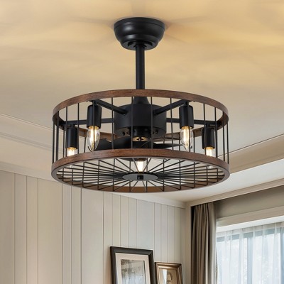 Ludomide 20'' Industrial Black Caged Ceiling Fan With Lights And Remote Control, Farmhouse Chandelier Ceiling Fan Lights