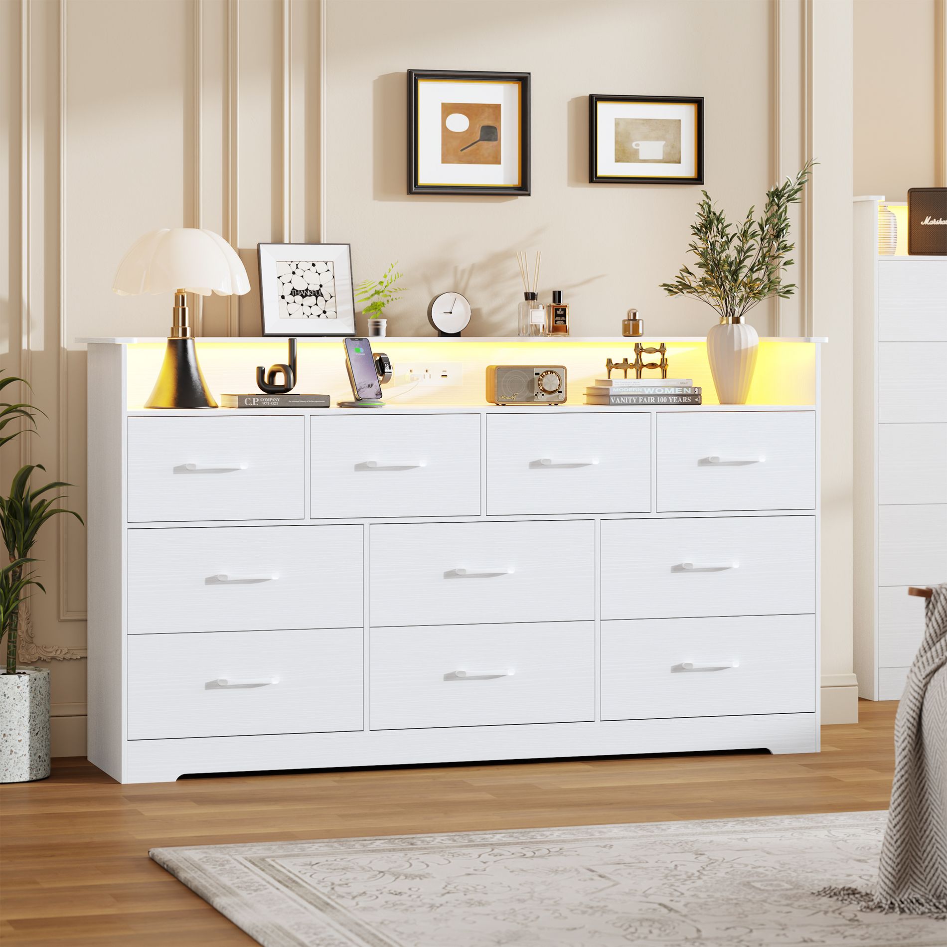 10 Drawer Dresser for Bedroom - 65'' Wide Chest of Drawers with Large Storage Space and Charging Station, Modern TV Stand Organizer Cabinet, White