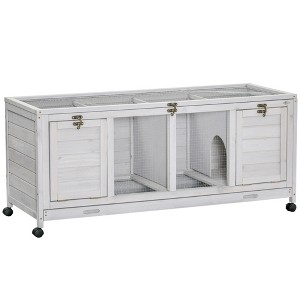 PawHut Wooden Rabbit Hutch, Bunny Cage with Wheels, Dividers, Openable Roof, Removable Trays, Small Animal Cages for Indoor Use, Light Gray - 1 of 4
