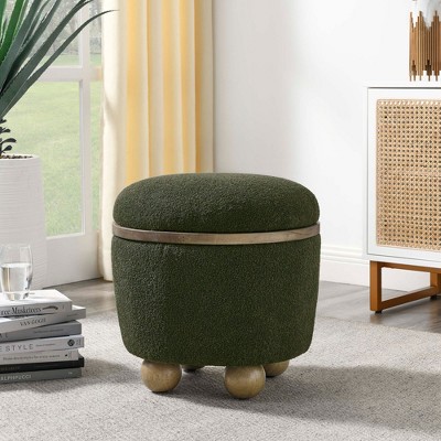 CAVINAS Oval Teddy Fabric Storage Ottoman Bench with Safety Hinge,Upholstered Storage Ottoman,Storage Benches for Living Room,Bedroom