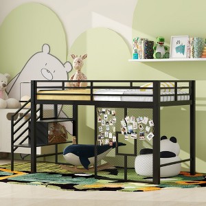 Twin Size Metal Low Loft Bed Frame with Storage Staircase and Iron mesh, Black -ModernLuxe - 1 of 4