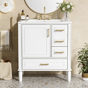 Whisen 30" Bathroom Storage Cabinet Bathroom Vanity with Ceramic Sink, Soft Close Doors and Three Drawers - 1 of 4