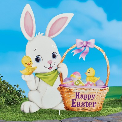 Adorable White Bunny with Easter Basket Garden Stake
