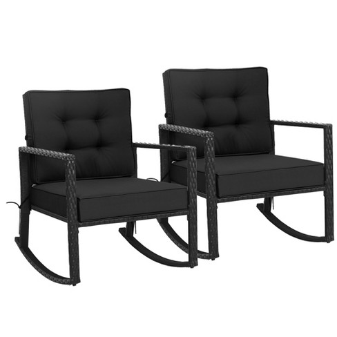 Costway 2 PCS Patio Rattan Rocker Chair Outdoor Glider Rocking Chair Cushion Lawn Black