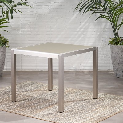 CAVINAS 35 Inch Square Outdoor Dining Table with Tempered Glass Table Top and Anodized Aluminum Frame,Patio Dining Table for 4,Silver+Gray