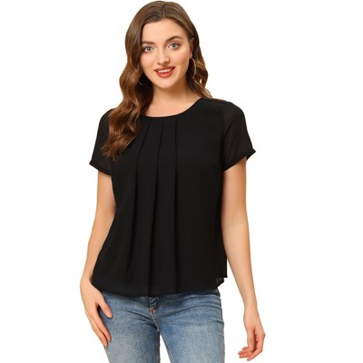 INSPIRE CHIC Women's Pleated Short Sleeve Round Neck Chiffon Blouse