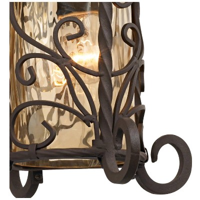 Rustic Dark Walnut Iron Scroll Outdoor Wall Light with Champagne Glass