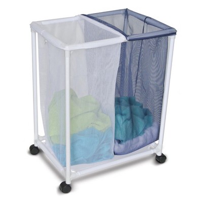 Homz 4540010 6 Load Capacity Double Mesh Sorter Laundry Basket Portable Organizer Hamper with Removable Bags with Wheels, Blue and White