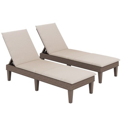 Tangkula 2PCS Patio Lounge Chair Recliner Chair w/ 3-Position Adjustable Backrest & Cushion Brown & White