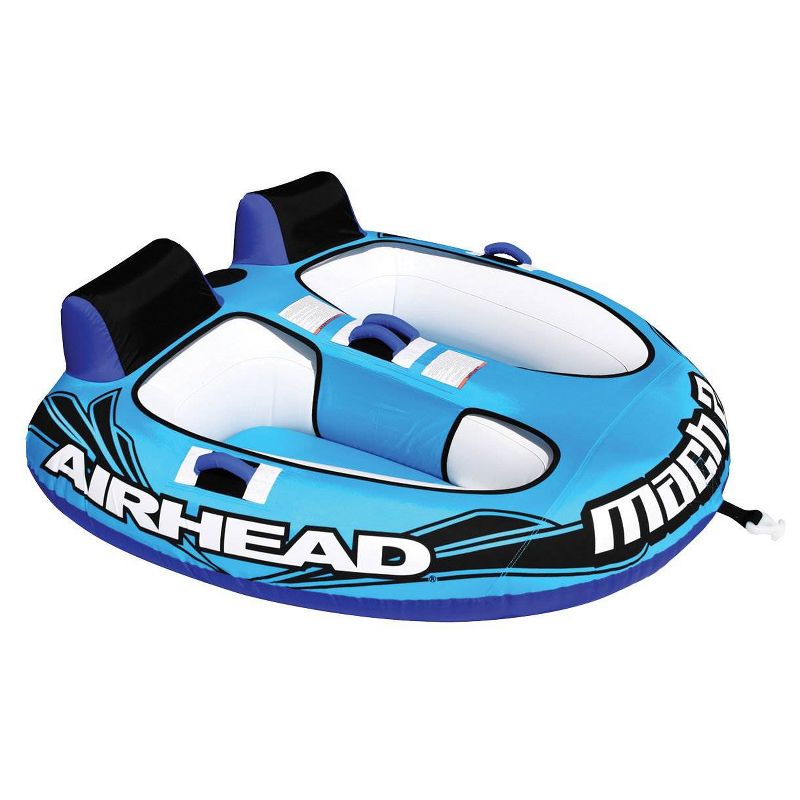 Airhead AHM2-2 Mach 2 Inflatable Two Rider Cockpit Lake Water Boating Towable Tube in Blue with Tow Point, Speed Safety Valve, and Handles, 1 of 7