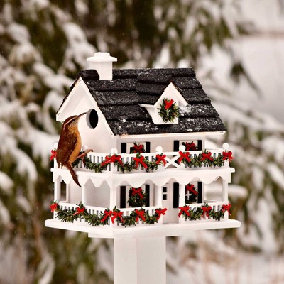 Colonial Cottage White and Black Wood Birdhouse with LED Lights